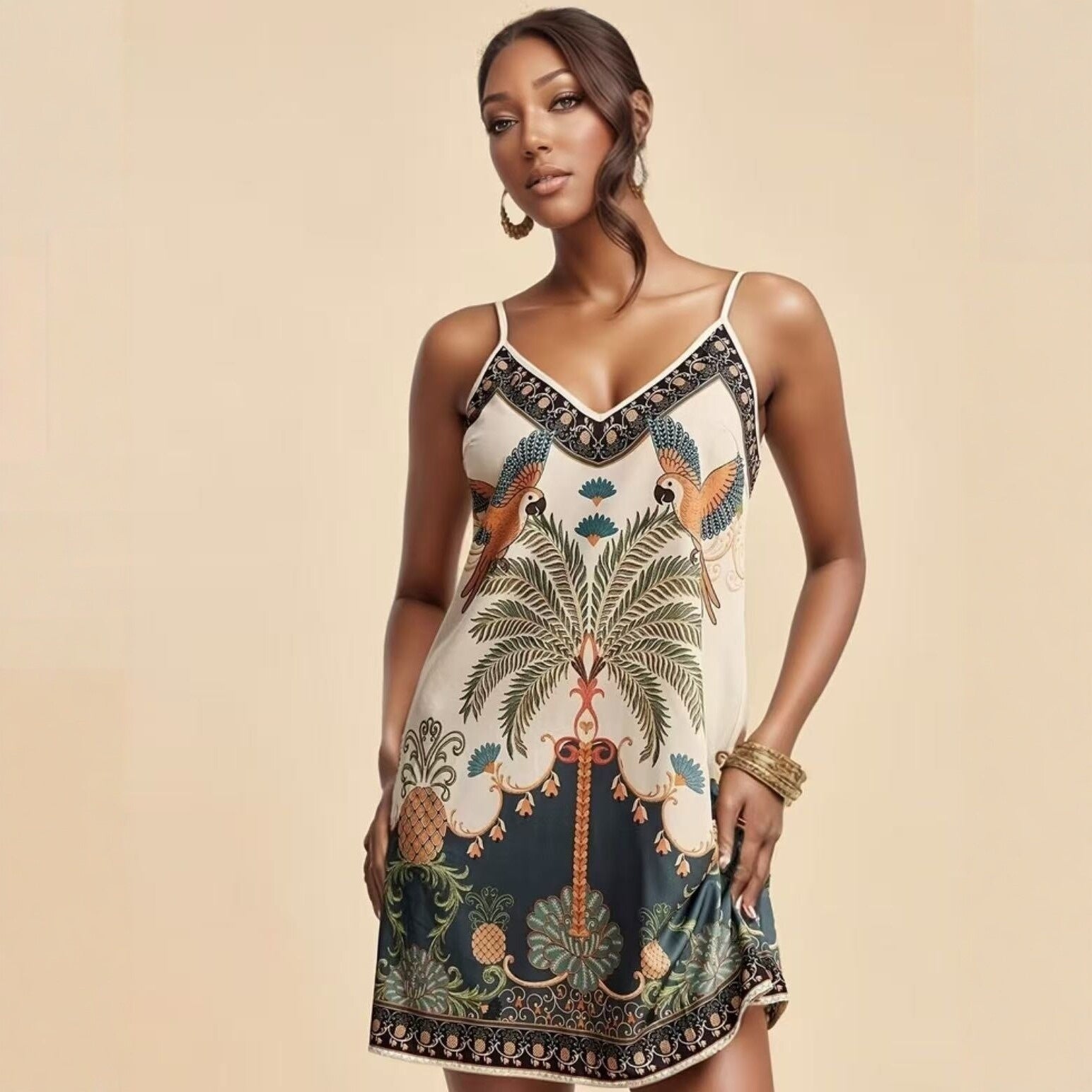 Woman wearing a tropical patterned dress on a beige background