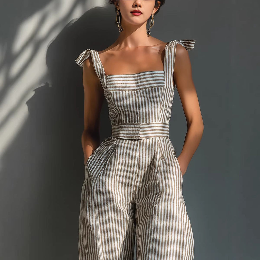 Woman wearing a striped dress with bow straps against a neutral background