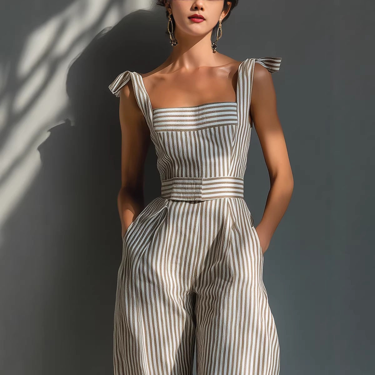 Woman wearing a striped dress with bow straps against a neutral background