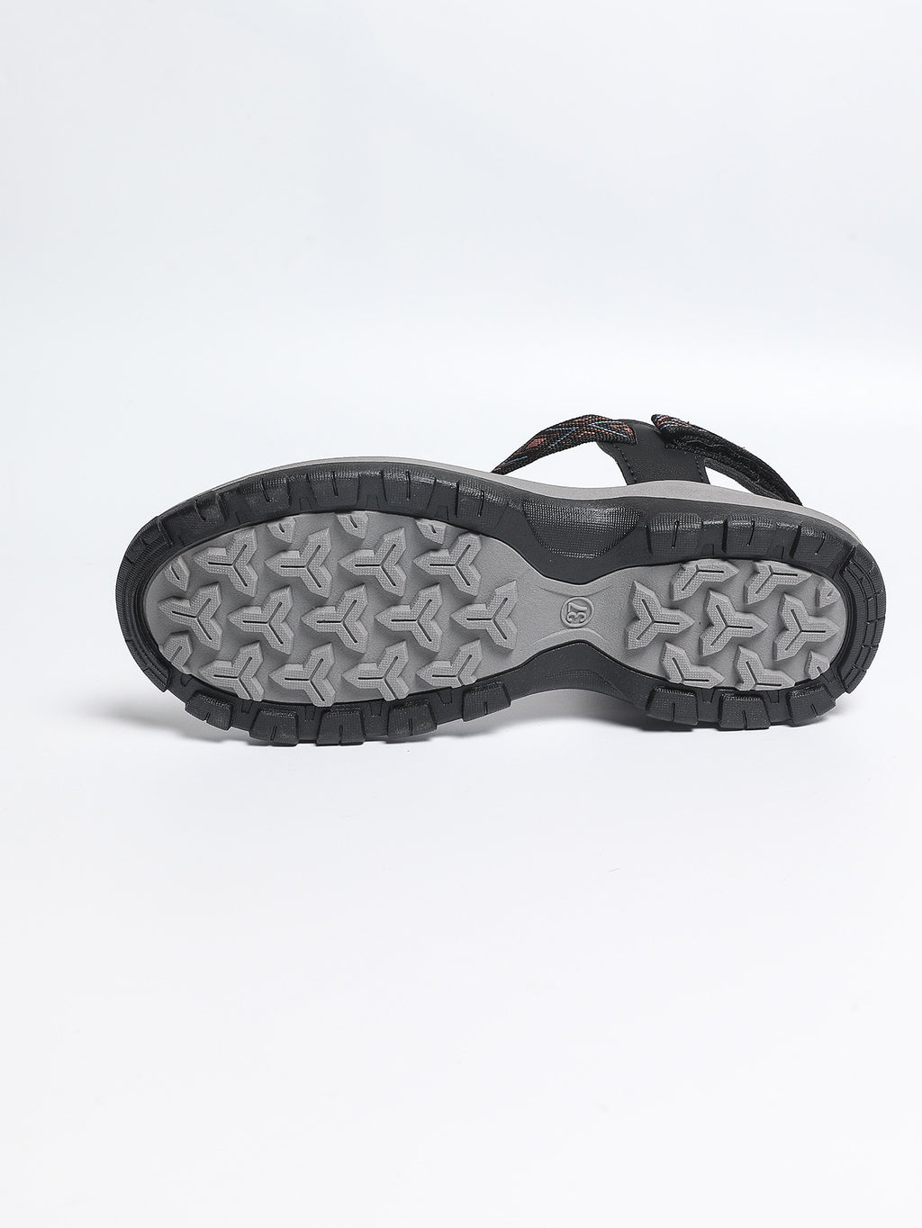 Black sandal with gray sole on a white background