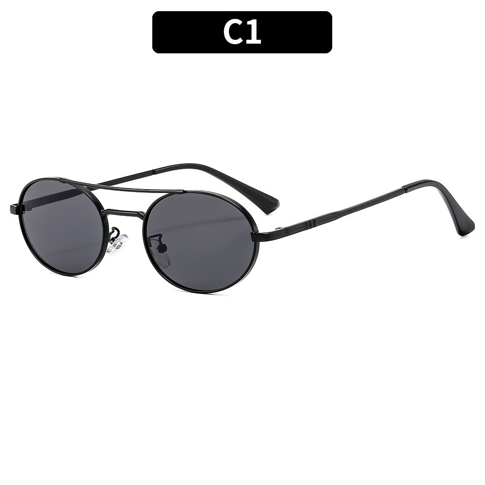 Round sunglasses with black frame and dark lenses on a white background