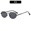 Round sunglasses with black frame and dark lenses on a white background