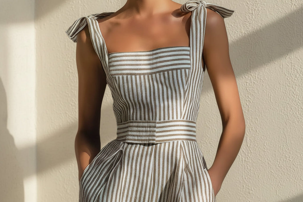 Woman wearing a striped dress with bow straps against a neutral background
