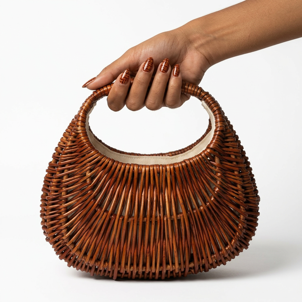 Hand holding a brown woven handbag against a white background