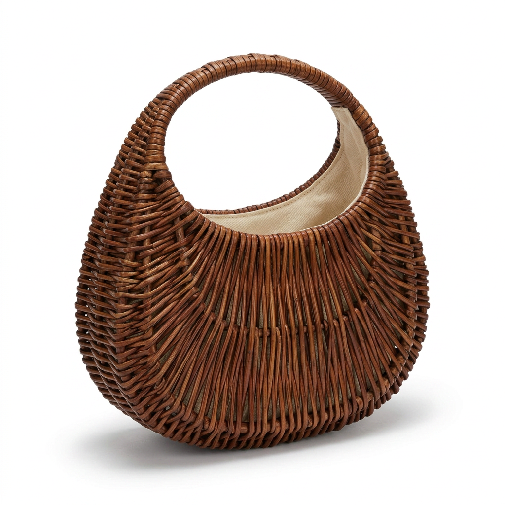 Brown woven handbag on a white background