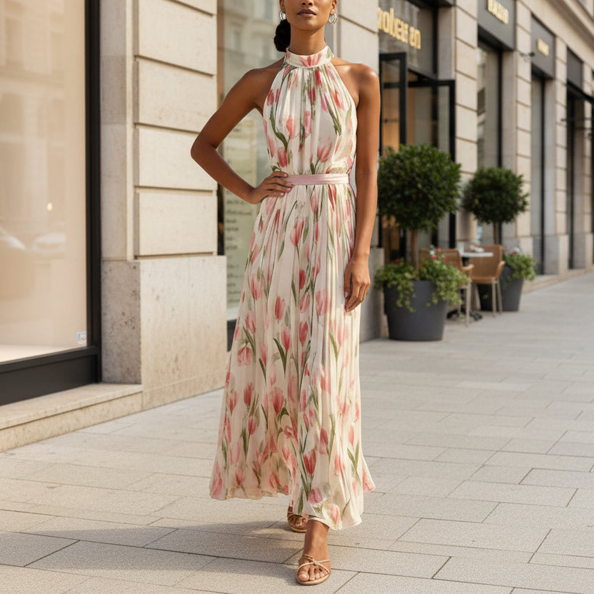 Woman in a floral dress standing on a city street