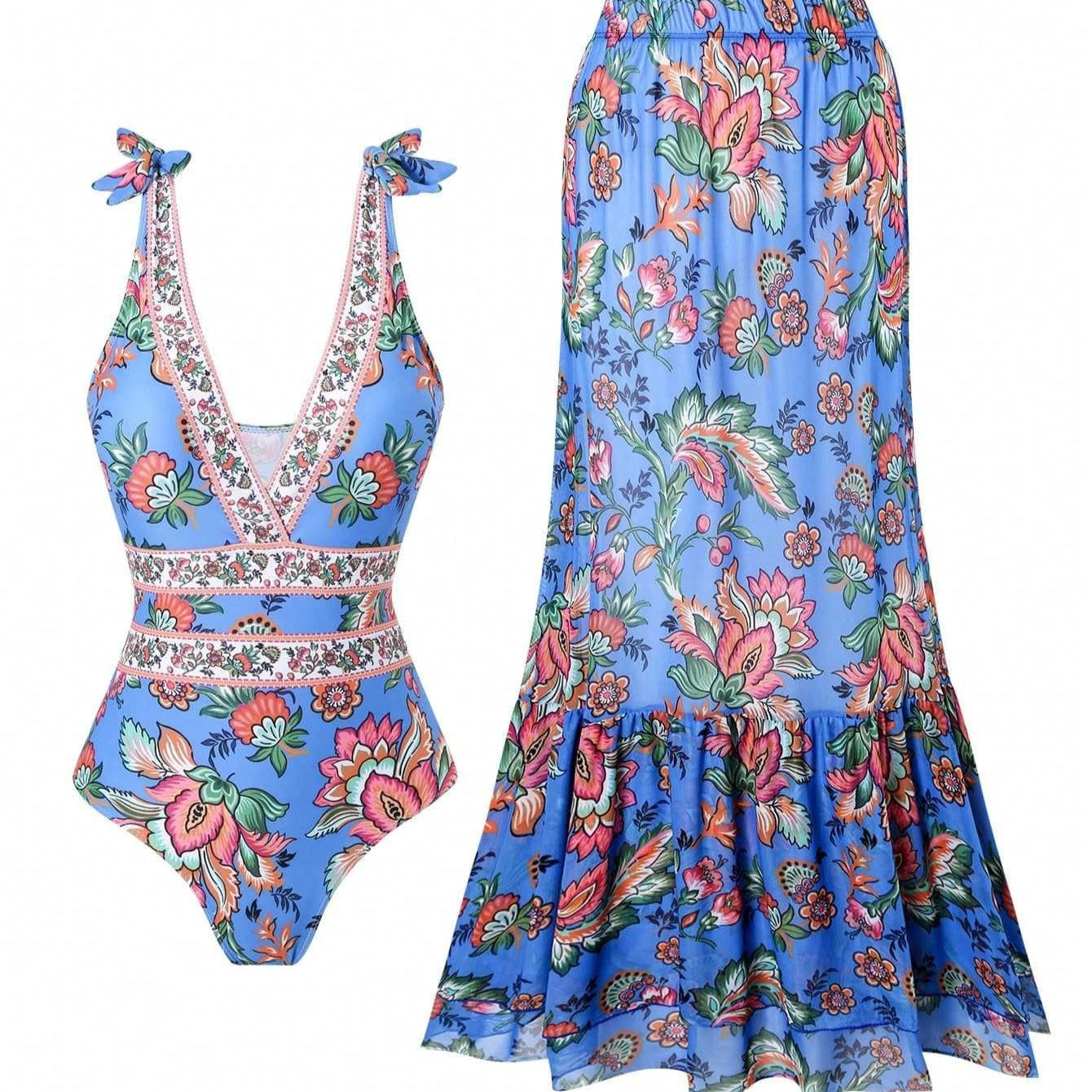 Blue, orange, pink floral swimsuit and skirt set on a white background