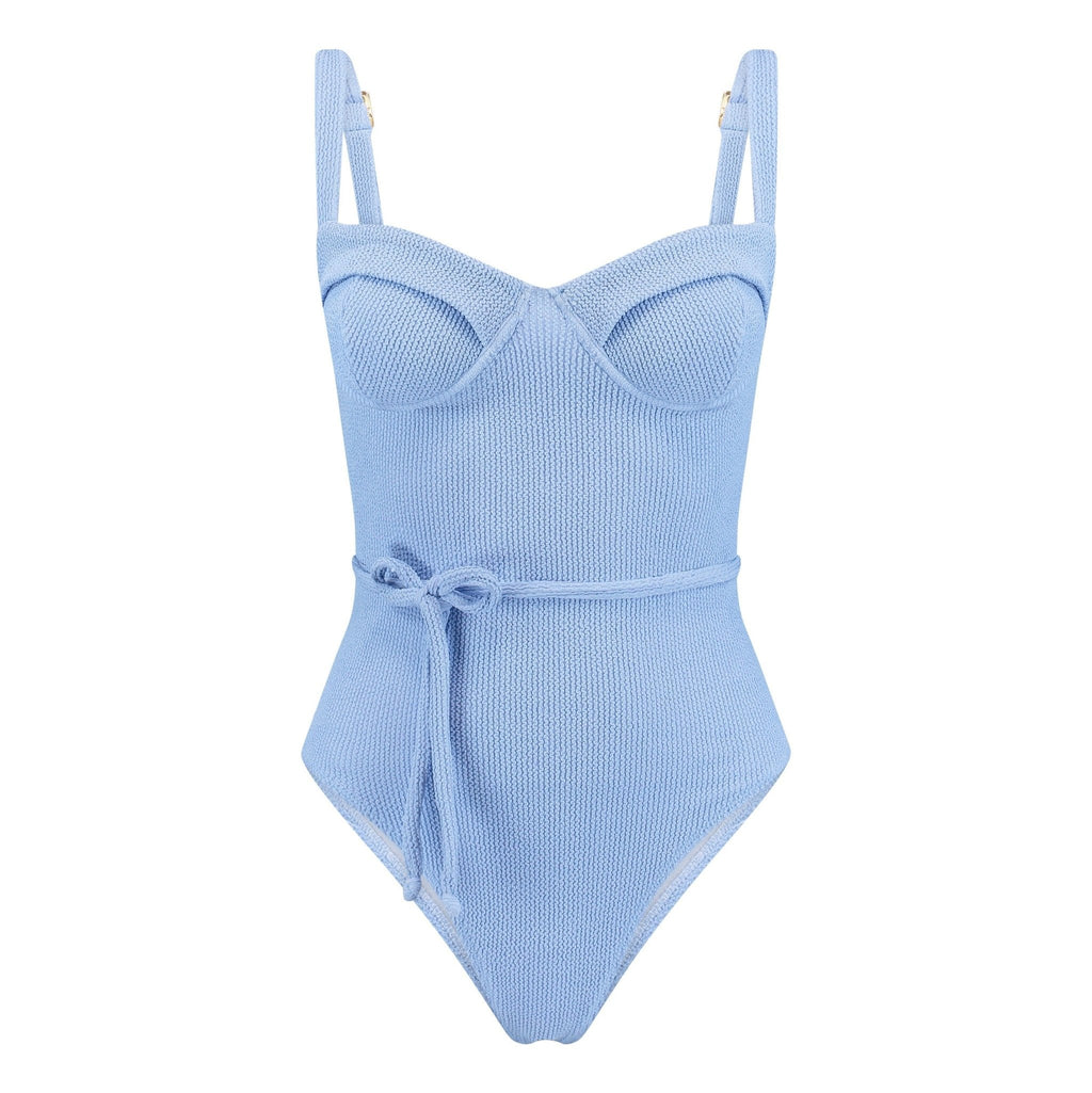Light blue ribbed swimsuit with thin straps on a white background