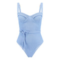 Light blue ribbed swimsuit with thin straps on a white background