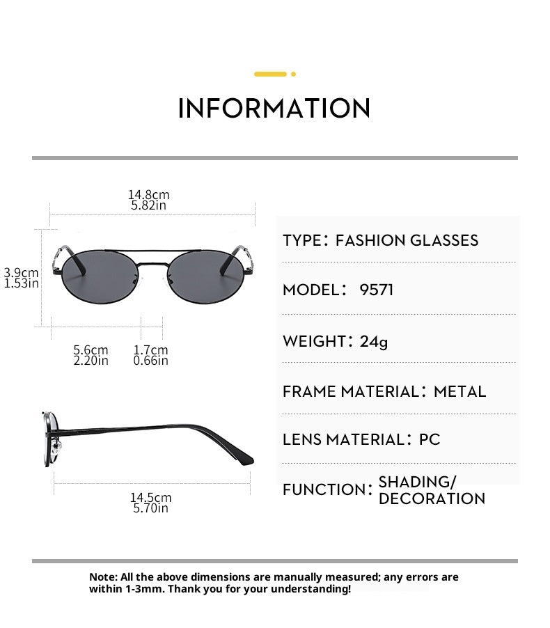 Product information card for fashion glasses with dimensions and specifications.
