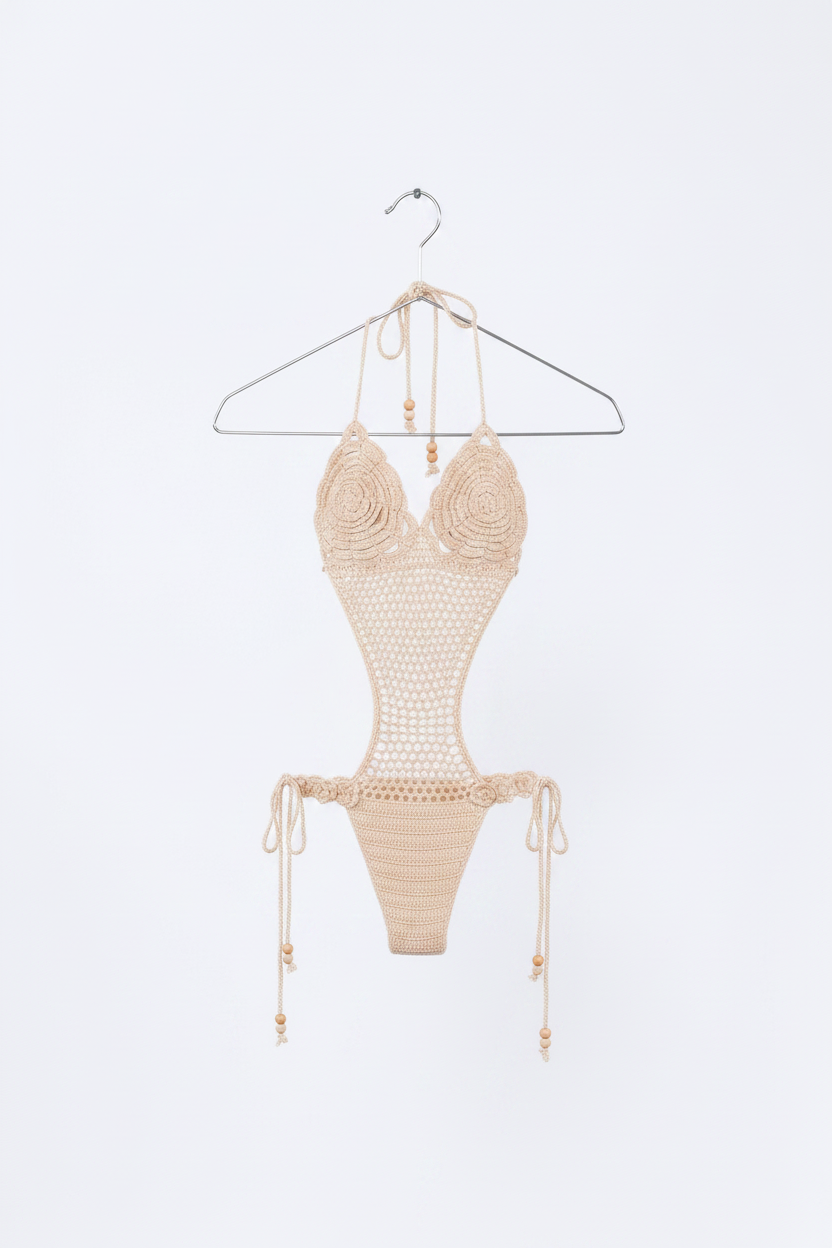 Beige crochet swimsuit on a hanger against a white background