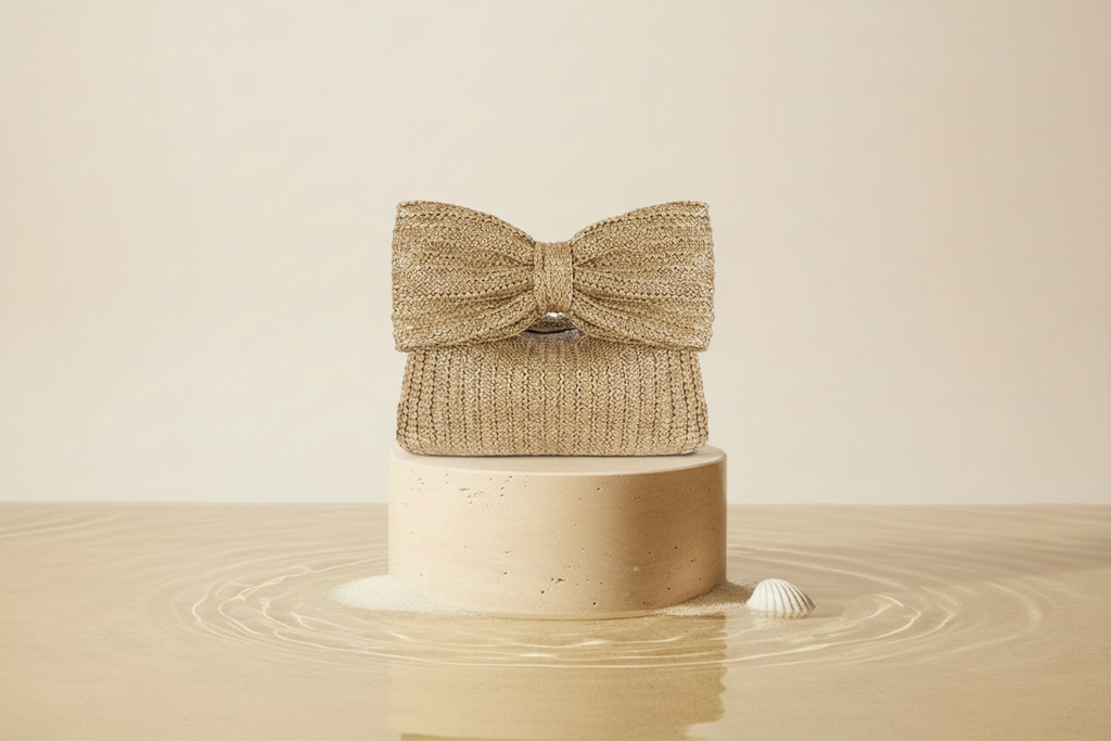 Riviera Bow Straw Clutch — Khaki, Studio