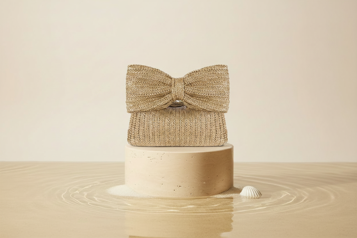 Riviera Bow Straw Clutch — Khaki, Studio